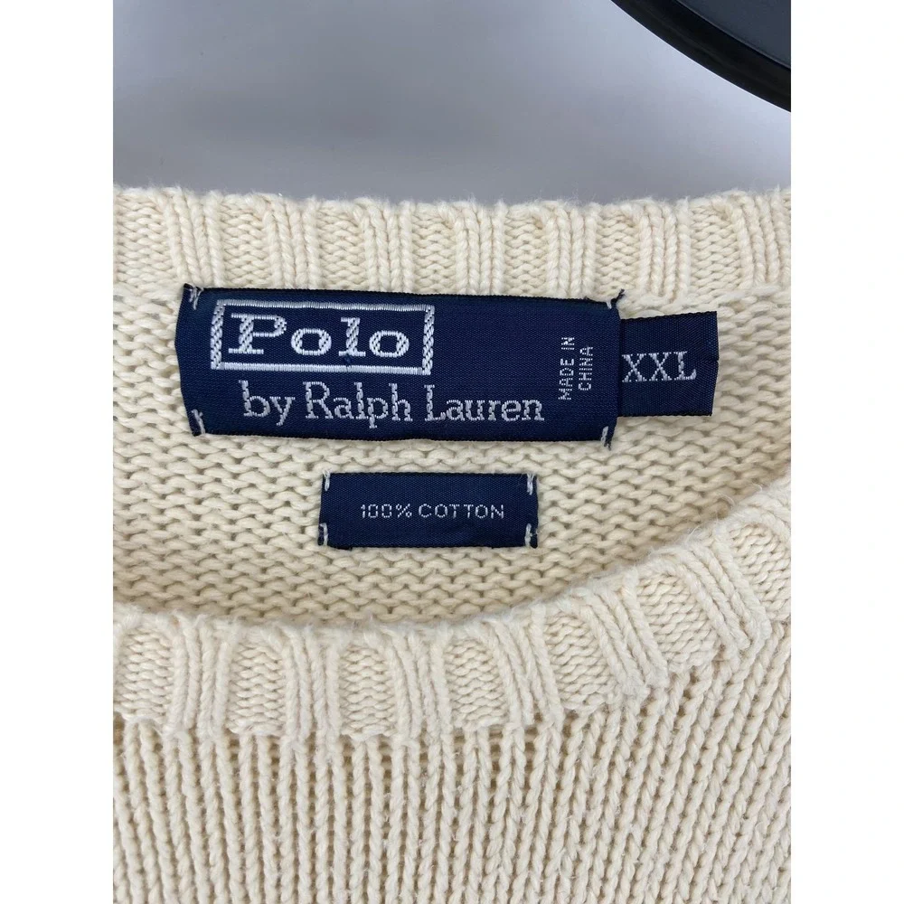 Polo Ralph‎ Lauren Sweater Mens 2XL Cream Cotton Crewneck Pullover Classic Logo